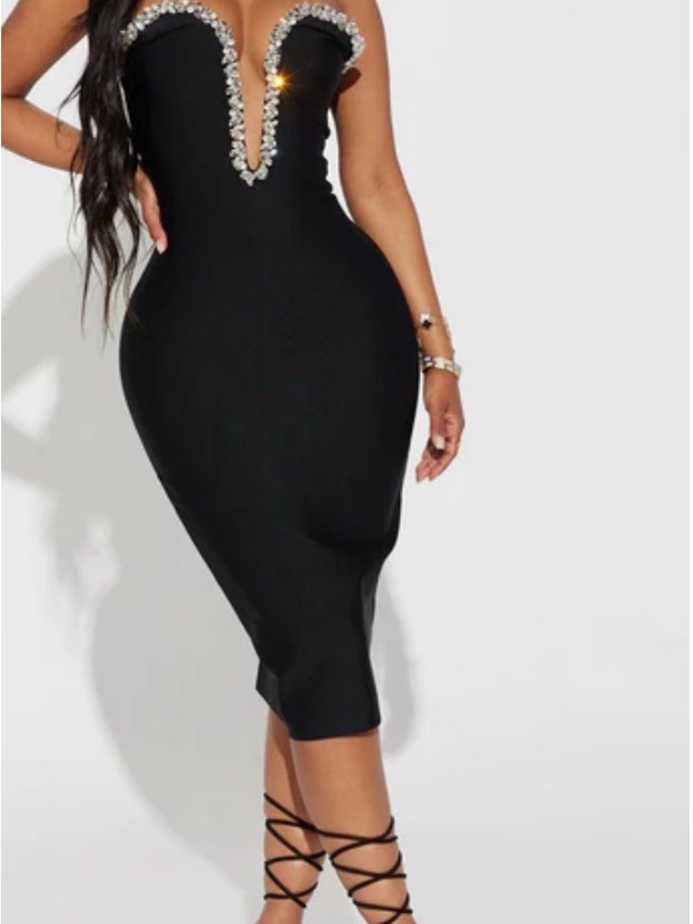 Fashion Nova Black Strapless Midi Dress with Crystal Trim